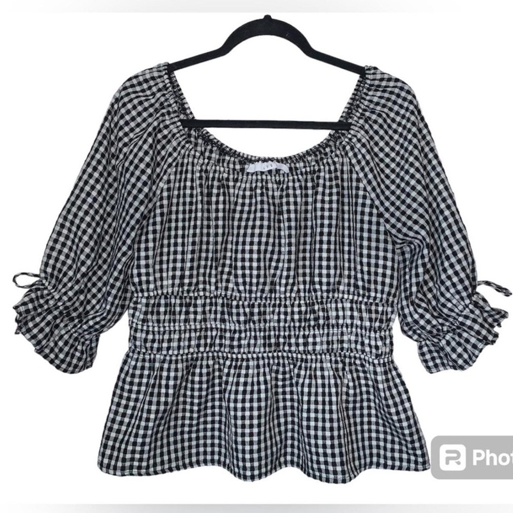 LUQ gingham peplum boho style tie sleeve blouse size large